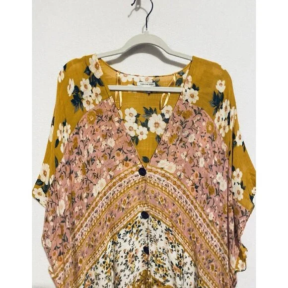 American Eagle Top Womens One Size Yellow Patchwork Floral Hi Low Hem Peasant - Picture 2 of 8